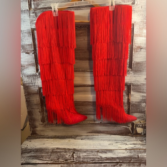 Shoes - Red Fringe Over-the-Knee Heeled Boots